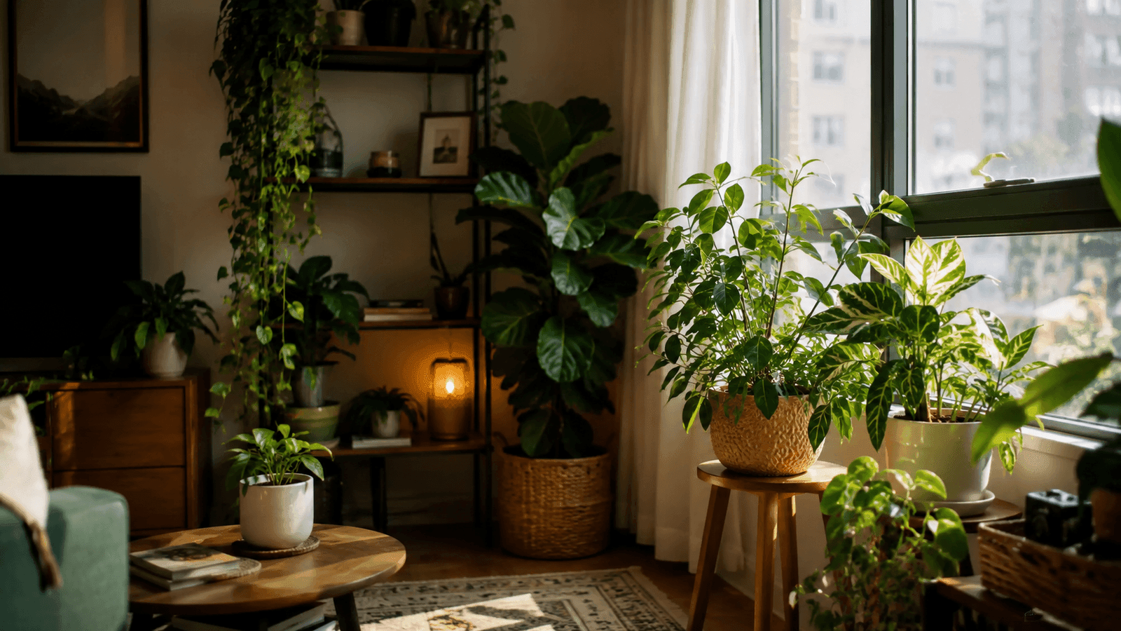 Sala de apartamento com plantas próximas à janela mostrando contraste de luz e sombra