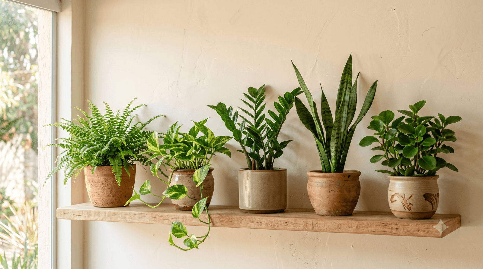 Variedade de plantas de apartamento em vasos de cerâmica sobre prateleira de madeira
