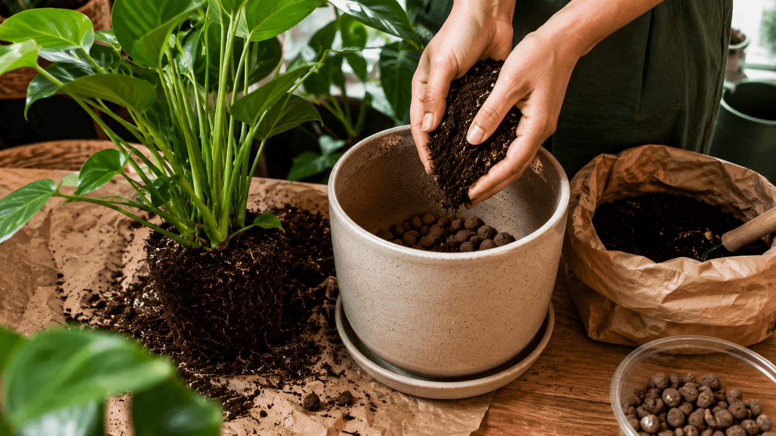 Vaso de barro com camada de drenagem de argila expandida e muda sendo plantada