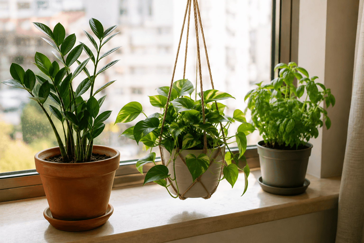 Zamioculca, jiboia e manjericão em vasos diferentes numa janela de apartamento