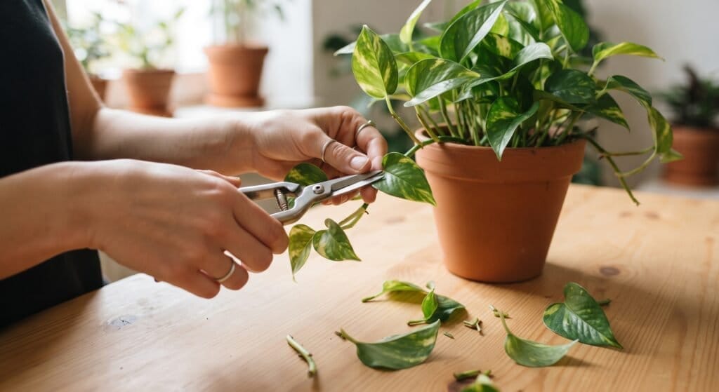 Maos usando tesoura de poda para cortar folhas de jiboia sobre mesa de madeira