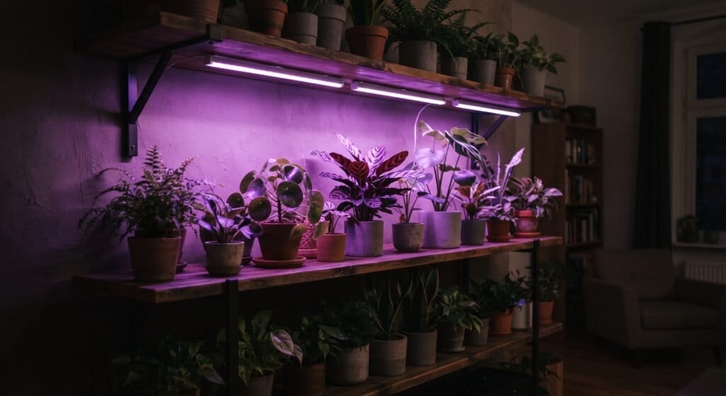 Prateleira de plantas iluminada por luz de cultivo LED roxa em ambiente com pouca luz natural