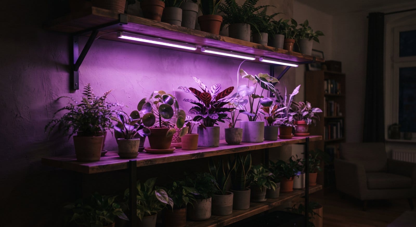 Prateleira de plantas iluminada por luz de cultivo LED roxa em ambiente com pouca luz natural