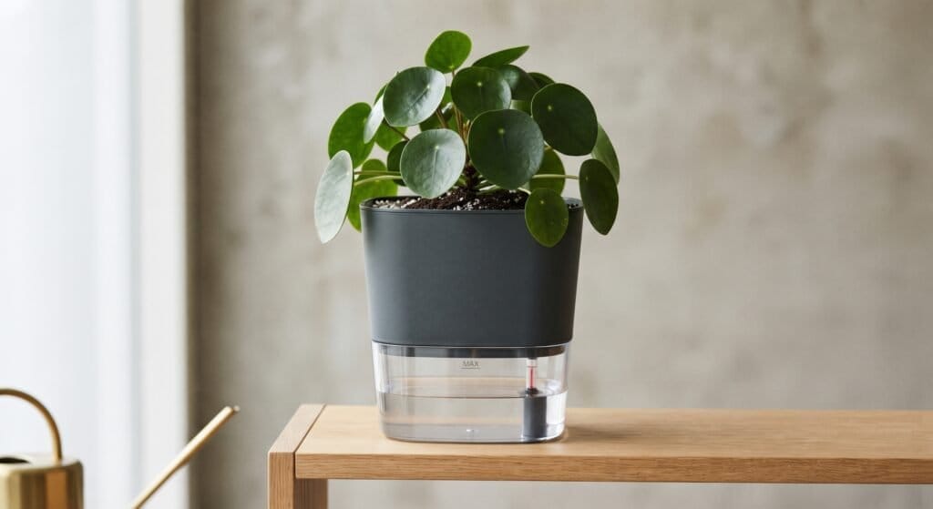 Planta saudavel em vaso autoirrigavel moderno com reservatorio de agua visivel na base