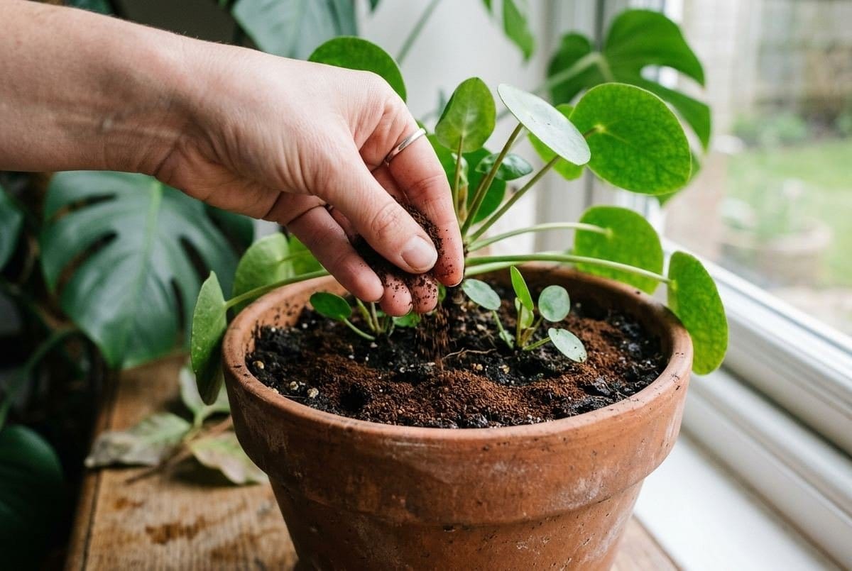 Mão espalhando borra de café seca sobre o substrato de uma planta em vaso