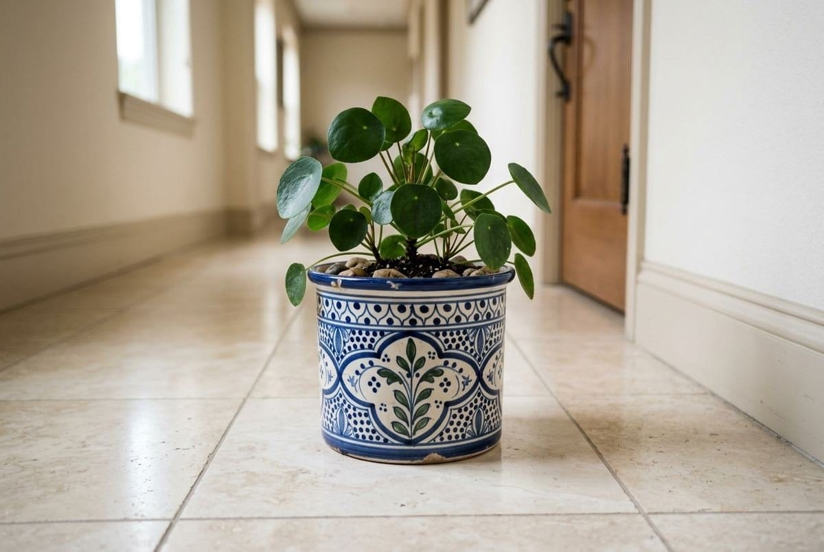 Cachepot decorativo com planta sobre piso de porcelanato claro no corredor