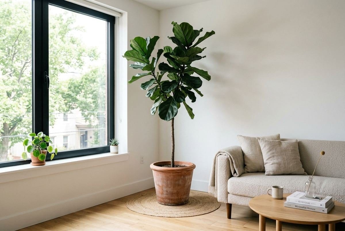 Ficus lyrata grande em vaso de cerâmica no canto de uma sala de apartamento