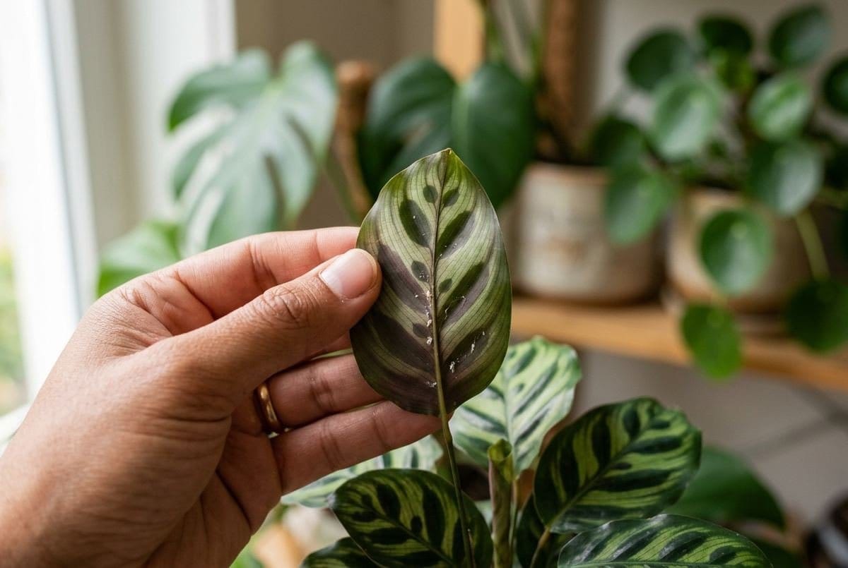 Mão inspecionando a parte de baixo da folha de uma planta em busca de pragas