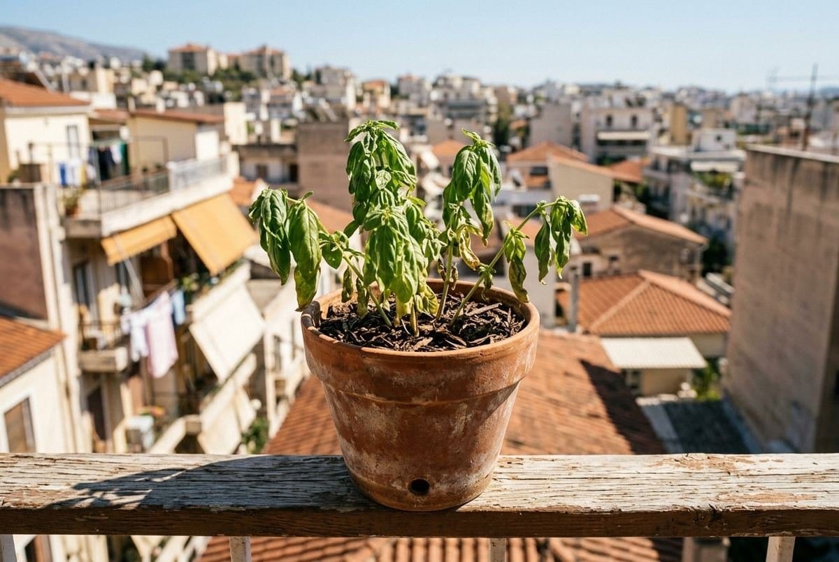 Manjericão em vaso na varanda sob sol forte da tarde