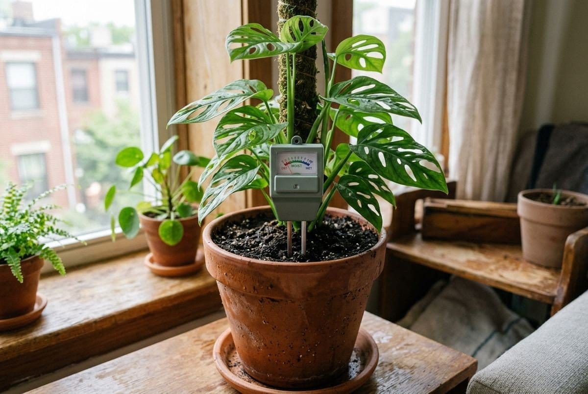 Medidor de umidade inserido no substrato de uma planta em vaso