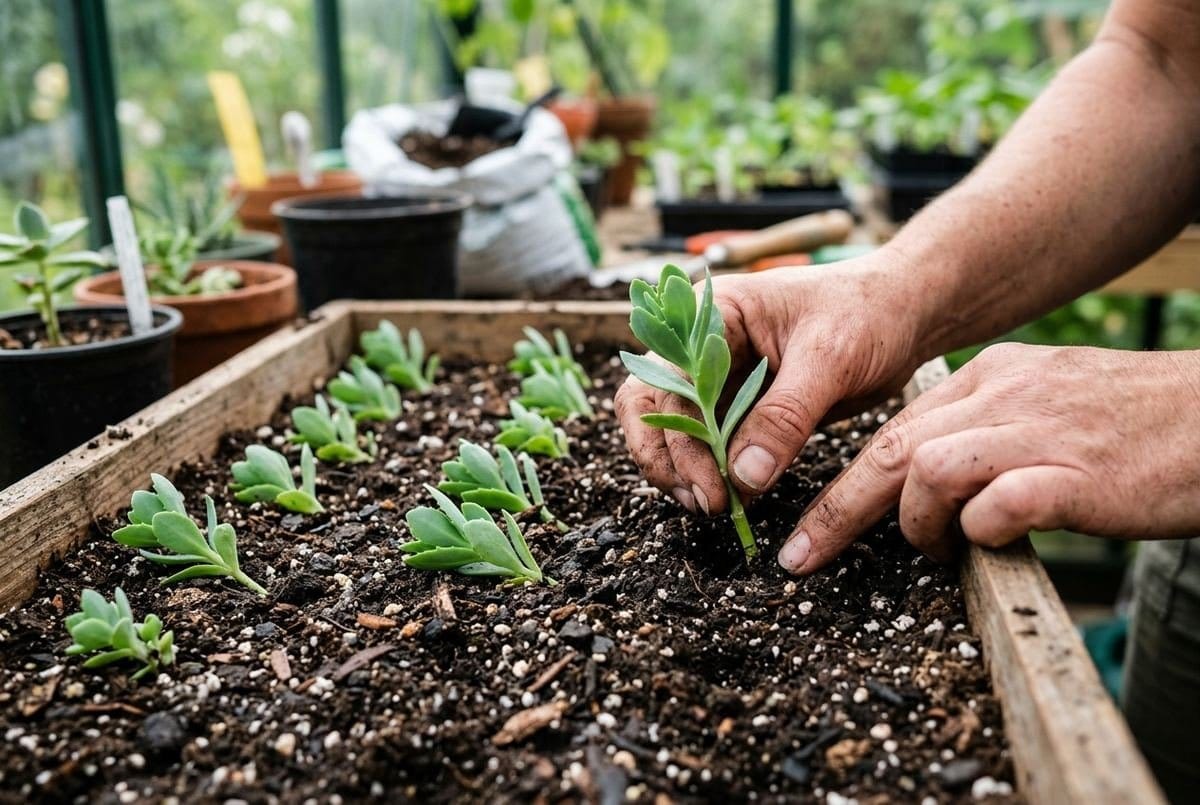 Estacas de sedum sendo plantadas no substrato para enraizar