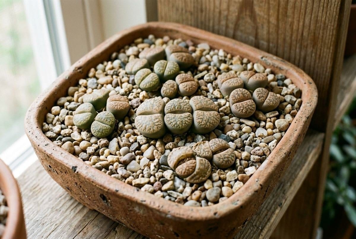 Pedras-vivas (Lithops) em vaso raso com pedrisco