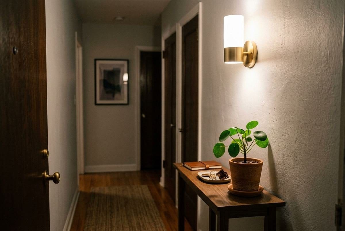 Planta em aparador estreito iluminada por luminária de LED no corredor de entrada