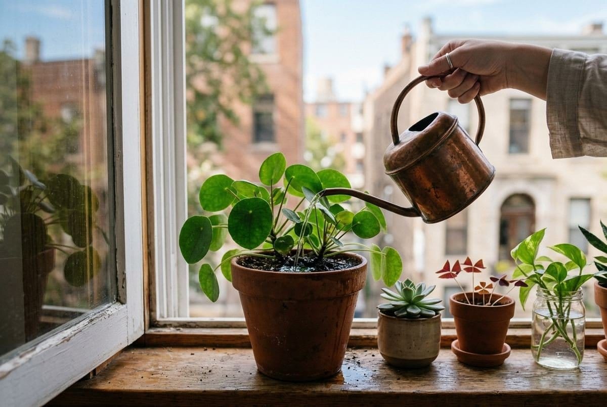 Regador despejando água no substrato de uma planta no peitoril ao amanhecer