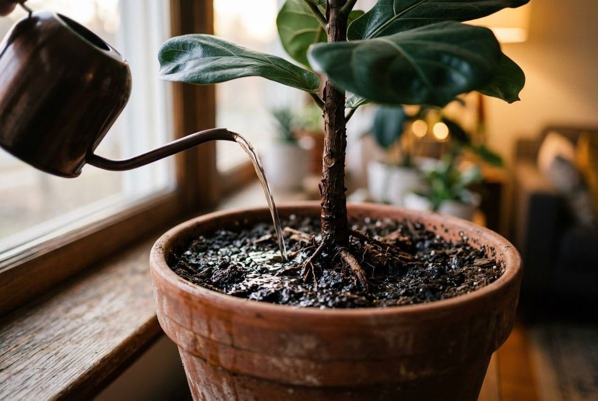 Água sendo despejada na base do vaso sem molhar as folhas da planta