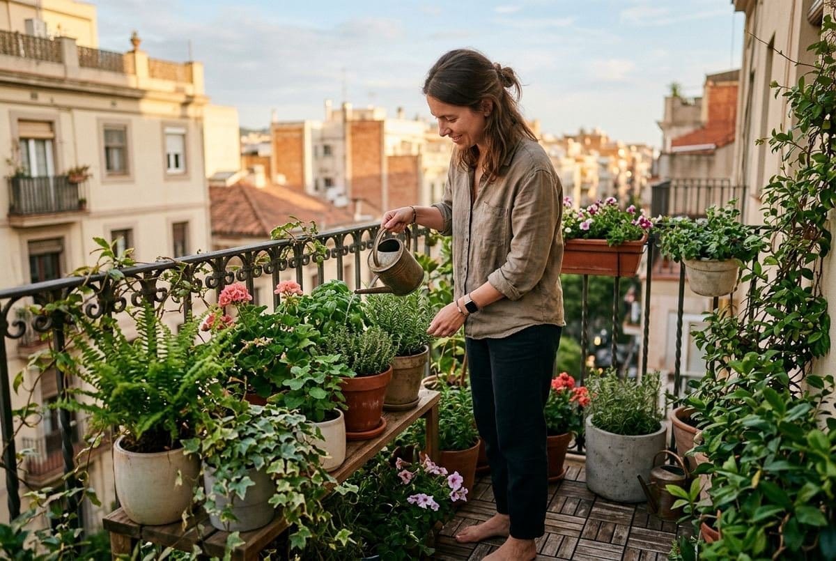 Pessoa regando vasos de plantas na varanda do apartamento de manhã cedo