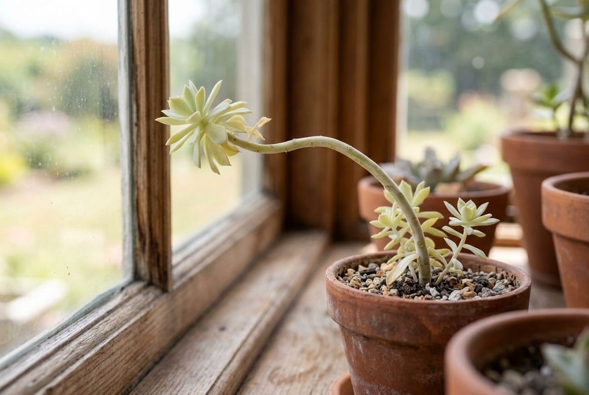 Echeveria esticada e pálida inclinada em direção à janela por falta de luz