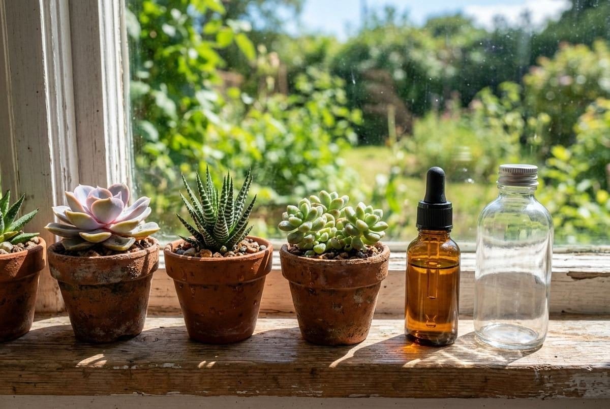Suculentas saudáveis em vasos pequenos na janela ao lado de adubo líquido