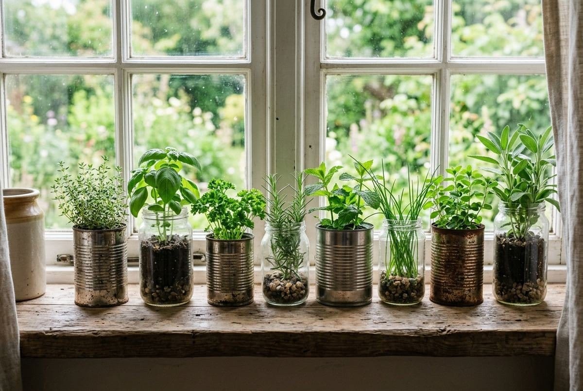 Latas e potes de vidro reaproveitados como vasos para mini horta